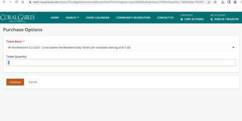 Screenshot of the Purchase Options Screen. There is a text field called "Ticket Quantity" highlighted.